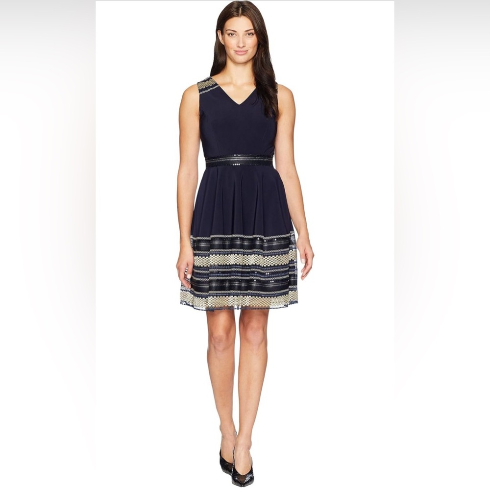 TAHARI Women's Sleeveless Fit and Flare Dress with Embellished Hem,